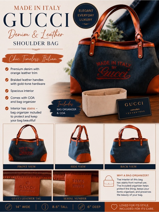 Gucci Handbags - Gucci Blue Denim Tote with Orange Leather Trim